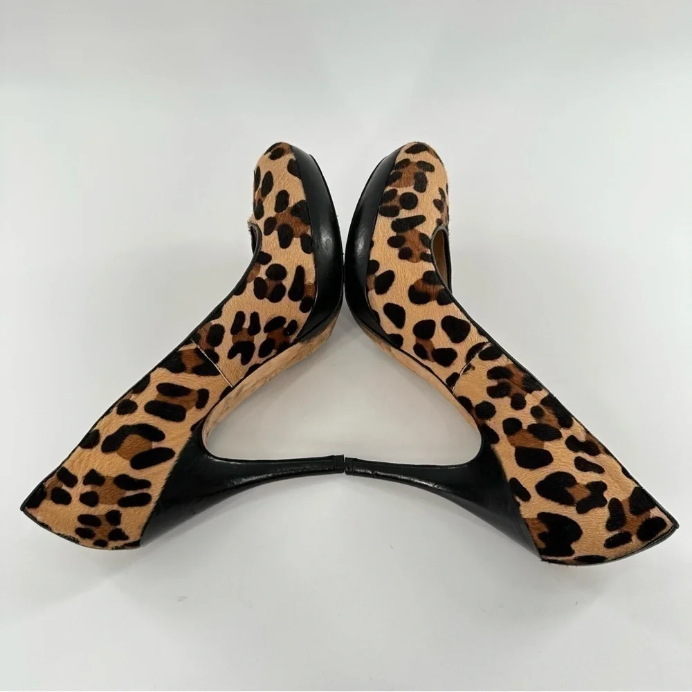 Via Spiga heels size 8 black Italian leather cheetah print calf hair platforms